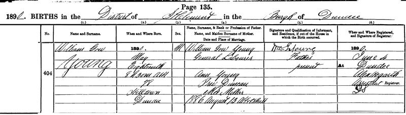1890-05-18 BIR William Gow Young child of William Gow Young + Ann Young MS Millar [[N673-clip]]
