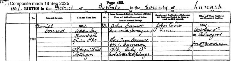 1891-09-20 BIR Daniel Connor child of John Connor + Rose Ann Cameron [[N681-clip]]