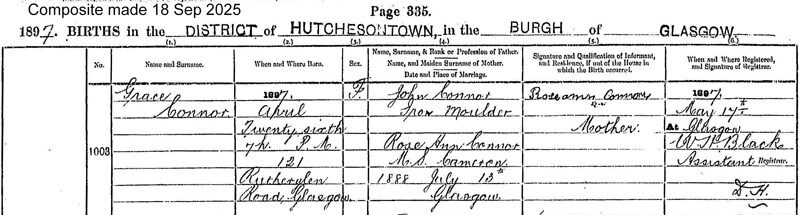 1897-04-26 BIR Grace Connor child of John Connor + Rose Ann Cameron [[N682-clip]]
