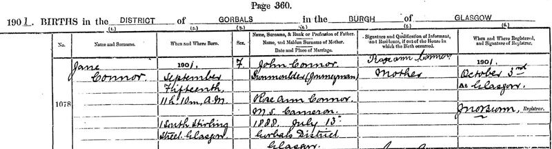 1901-09-15 BIR Jane Connor child of John Connor + Rose Ann Cameron [[N684-clip]]