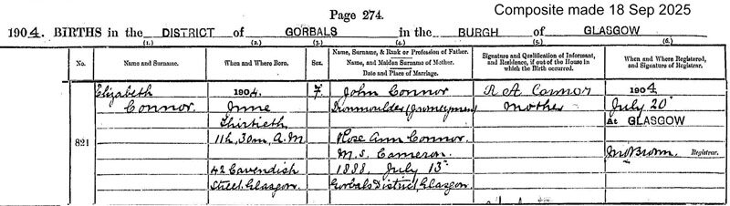 1904-06-30 BIR Elizabeth Connor child of John Connor + Rose Ann Cameron [[N685-clip]]