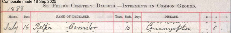 1888-07-16 BUR Peter Connor  child of James Connor + Rose Ann Cameron [[N696-clip]]