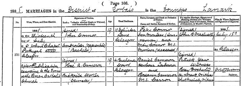 1888-07-13 MAR John Connor + Rose Ann Cameron [[N698-clip]]