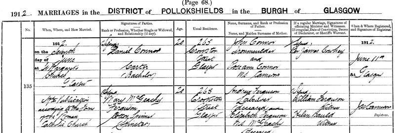 1912-06-07 MAR Daniel Connor + Mary McGeachy [[N699-clip]]