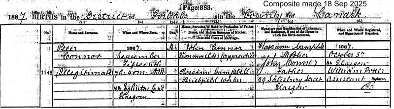 1887-08-15 BIR Peter Connor child of John Connor + Rose Ann Campbell [[N700-clip]]