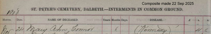 1908-11-24 BUR Mary Ann Connor child of John Connor + Rose Ann Cameron [[N712-clip]]