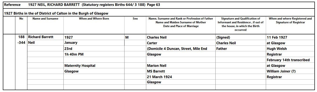 1927-01-23 BIR Richard Barrett Neil  child of Charles Neil + Marion Barrett [[N716]]