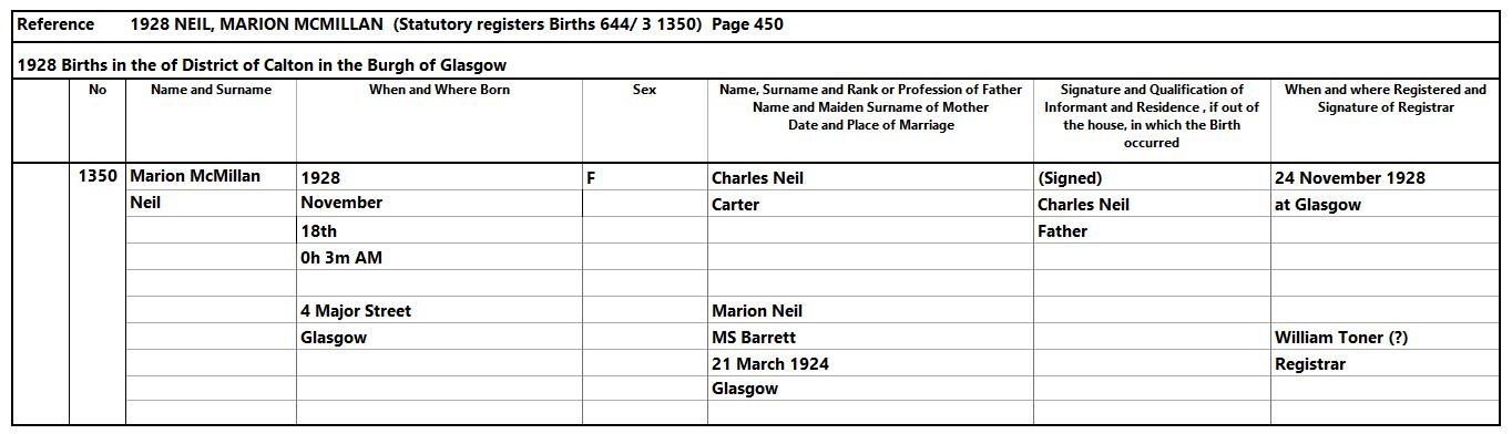 1928-11-18 BIR Marion McMillan Neil child of Charles Neil + Marion Barrett [[N717]]