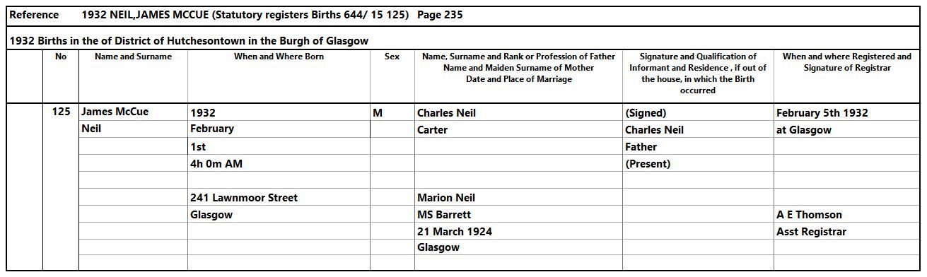 1932-02-01 BIR James McCue Neil child of Charles Neil + Marion Barrett [[N719]]