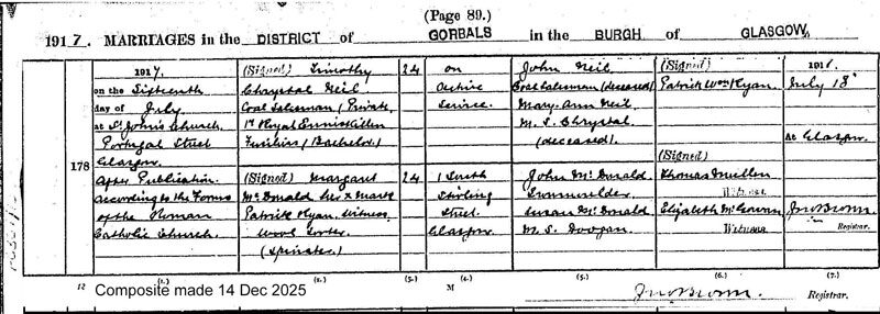 1917-07-16 MAR Timothy Chrystal Neil + Margaret McDonald - 1 South Stirling Street [[N054-clip]]