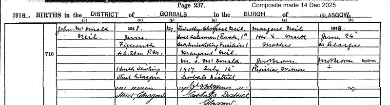 1918-06-15 BIR John McDonald Neil child of Timothy C Neil + Margaret McDonald [[N082-clip]]