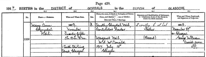 1919-11-25 BIR Mary Anne Chrystal Neil child of Timothy C Neil + Margaret McDonald [[N083-clip]]