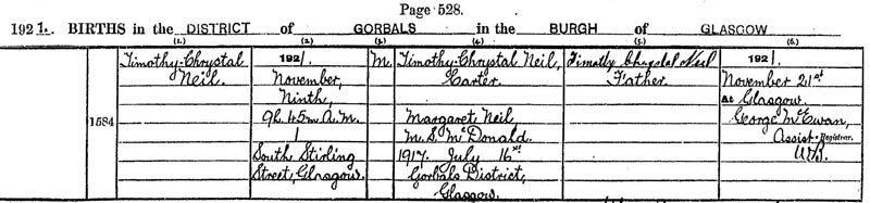 1921-11-09 BIR Timothy Chrystal Neil child of Timothy C Neil + Margaret McDonald [[N084-clip]]