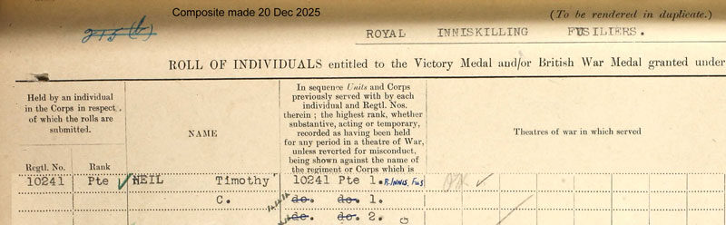 1918 WW1 Medal Roll Page Timothy Chrystal Neil [[N143-clip]]