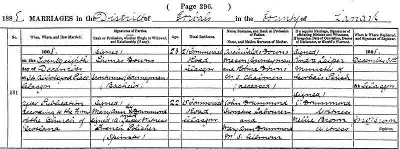 1888-12-28 MAR Thomas Downs + Mary Ann Drummond [[N145-clip]]