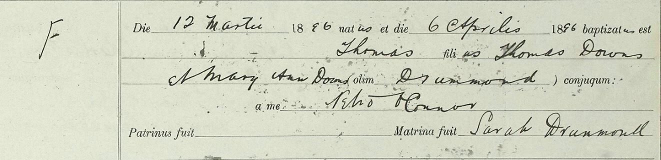 1896-03-12 BIR BAP Thomas Downs child of Thomas Downs + Mary Anne Drummond [[N148-clip]]