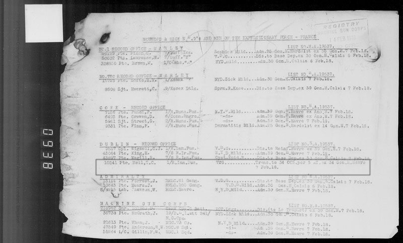 1918-02-07 WW1 Medical and Sick Record Timothy Chrystal Neil [[N149-clip]]