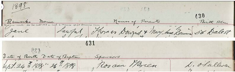 1898-09-24 BIR BAP Jane Downs child of Thomas Downs + Mary Anne Drummond [[N154-clip]]