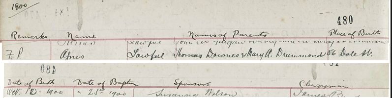 1900-10-10 BIR BAP Agnes Downs  child of Thomas Downs + Mary Anne Drummond [[N155-clip]]