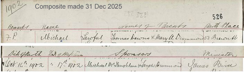 1902-10-16 BIR BAP Michael Downs child of Thomas Downs + Mary Anne Drummond [[N156-clip]]