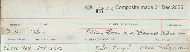 1904-12-07 BIR BAP Mary Downs  child of Thomas Downs + Mary Anne Drummond [[N157-clip]]