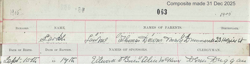 1905-09-10 BIR BAP Sarah Downs  child of Thomas Downs + Mary Anne Drummond [[N158-clip]]