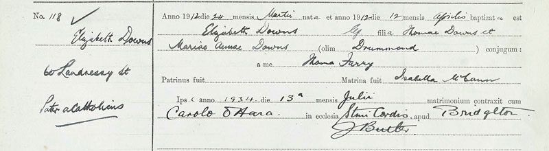 1912-03-24 BIR BAP Elizabeth Downs child of Thomas Downs + Mary Anne Drummond [[N159-clip]]