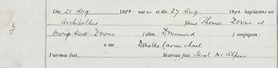1892-08-21 BIR BAP Archibald Downs child of Thomas Downs + Mary Anne Drummond [[N160-clip]]