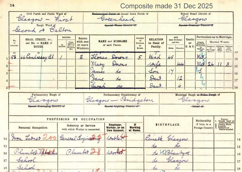 1911-04-02 CEN Thomas Downs + Mary Anne Drummond - 66 Landressy Road [[N161-clip]]