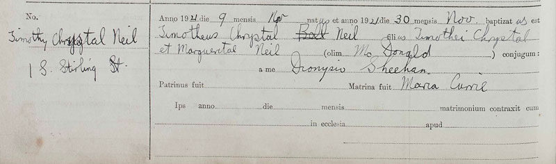 1921-11-09 BIR BAP Timothy Chrystal Neil  child of Timothy Chrystal Neil + Margaret McDonald [[N280-clip]]