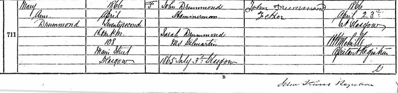 1866-04-22 BIR Mary Ann Drummond child of John Drummond + Sarah Gilmartin 108 Main Street, Glasgow [[N371-clip]]