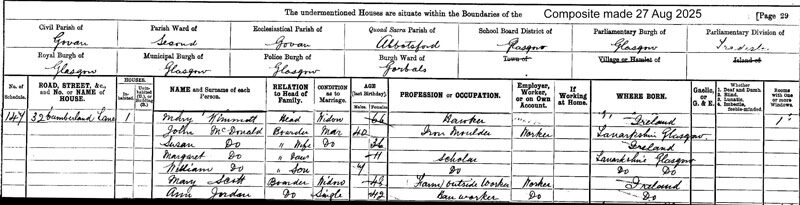 1901-03-31 CEN John McDonald and family, 32 Cumberland Lane, Gorbals [[N629-clip]]