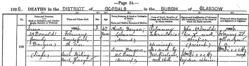 1926-02-21 DEA Susan McDonald child of Charles Dougan + Susan Bonar 1 South Stirling Street [[N632-clip]]