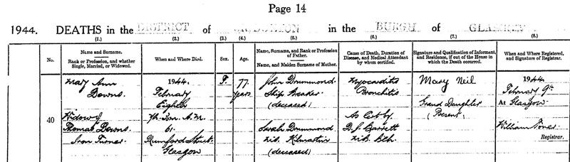 1944-02-08 DEA Mary Ann Downs wife of Thomas Downs 61 Rumford Street, Anderston [[N723-clip]]