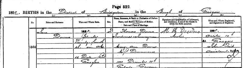 1898-09-24 BIR Jane Downs child of Thomas Downs + Mary Anne Drummond [[N725-clip]]