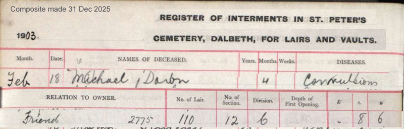 1903-02-18 BUR Michael Downs child of Thomas Downs + Mary Anne Drummond [[N726-clip]]