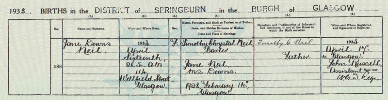 1933-04-16 BIR Jane Downs Neil child of Timothy Chrystal Neil + Jane Downs [[N294-clip]]