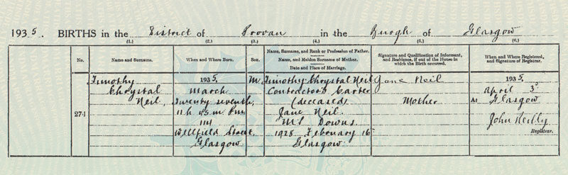 1935-03-27 BIR Timothy Chrystal Neil child of Timothy Chrystal Neil + Jane Downs [[N295-clip]]